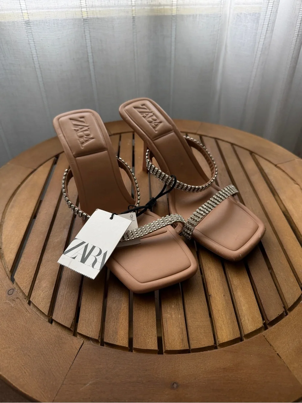 ZARA Tan  Rhinestone-Strap Square Toe Heels Women's Size 8